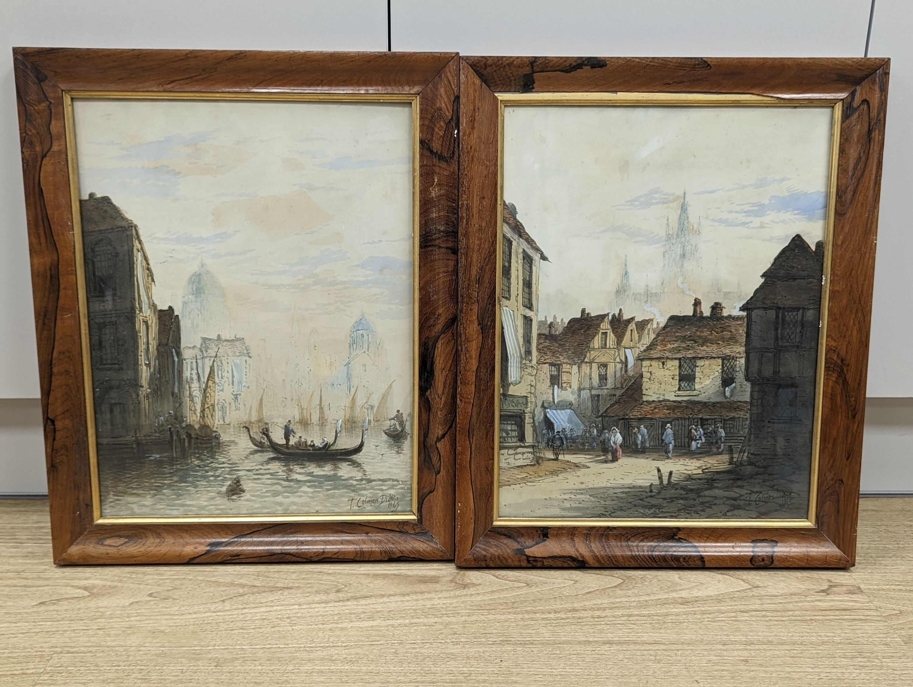 T. Colman Dibdin (1810-1893), pair of watercolours, Venetian canal scene and French street scene, 1865, signed and dated, rosewood frames, 44.5 x 34.5cm